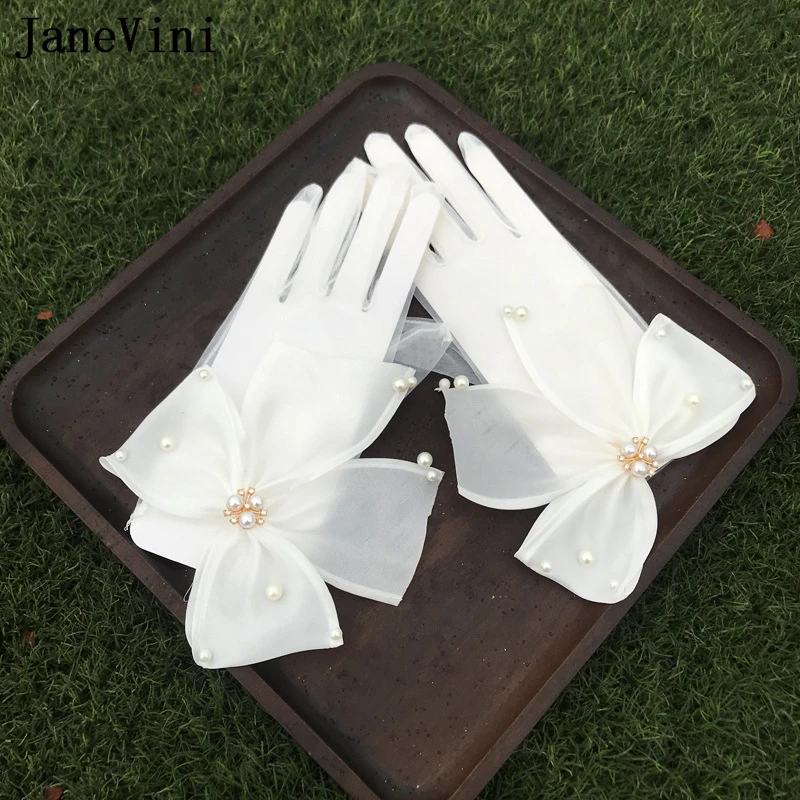 JaneVini – gants de mariée en Tulle transparent pour femmes, élégants, longueur au poignet, blancs, avec perles, pour robe de soirée de mariage, nouvelle collection