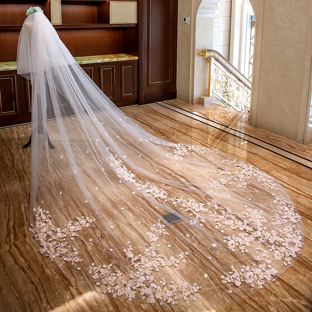 Velo da sposa in pizzo bianco avorio a due strati con fiori rosa veli lunghi da sposa cattedrale con pettine in metallo accessori da sposa sposa