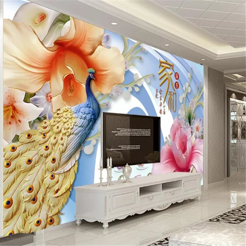 

wellyu Custom Wallpaper papel parede Beautiful atmosphere 3D stereo bridge jade carving jade carving peacock background wall