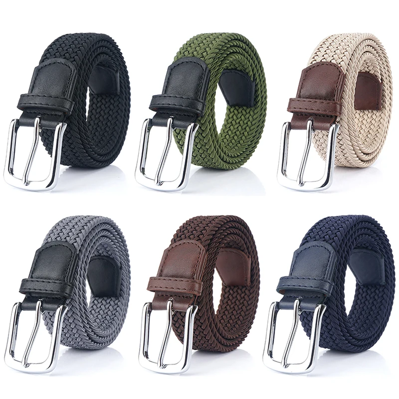 VATLTY Fashion Woven Elastic Belt for Women Men Solid Alloy Silver Buckle Stretch Strap Female Jeans Brown Belt Girdles Male