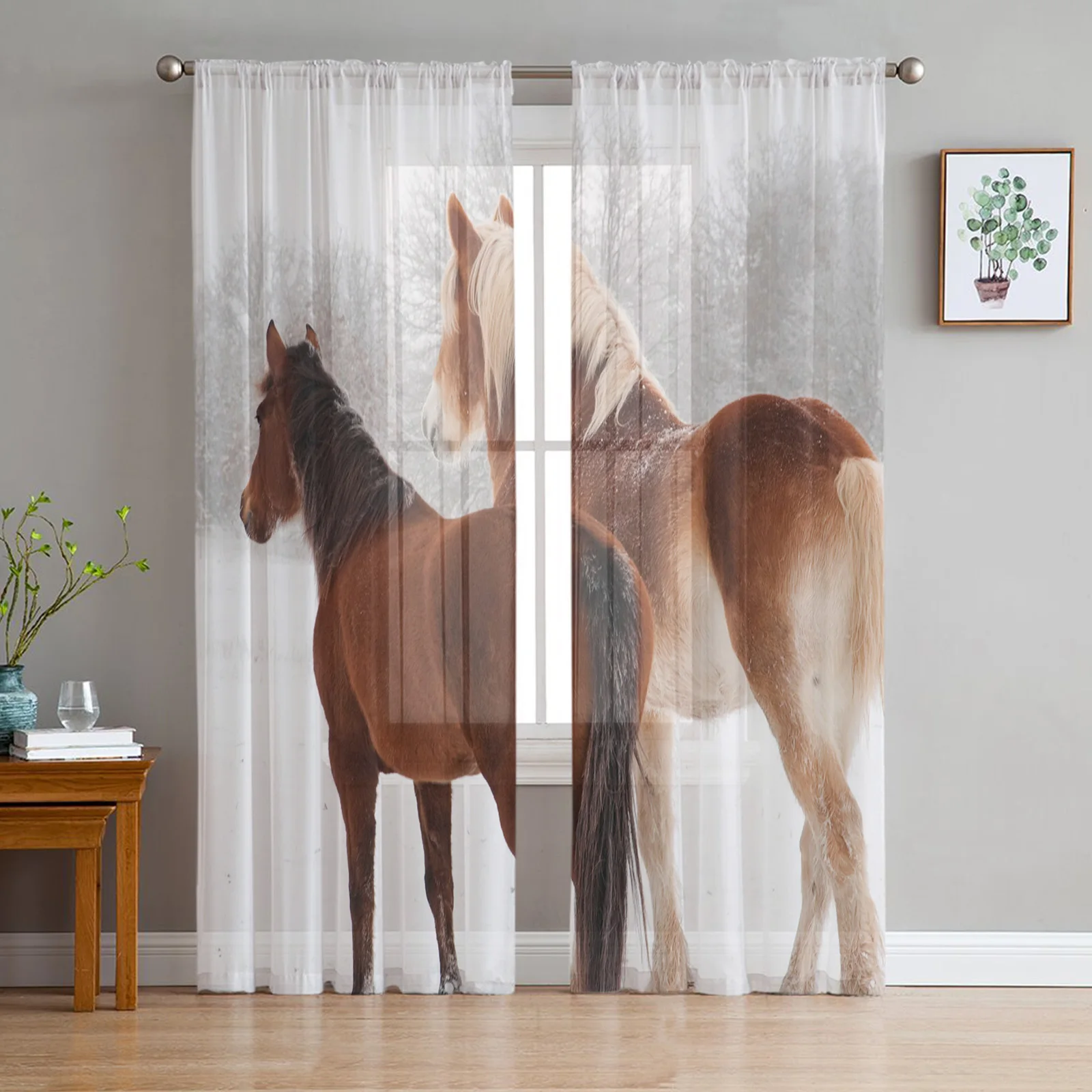 

Horse Snow Scene Animal Window Curtains Bedroom Modern Drape Sheer Tulle Valances Living Room Kitchen Voile Curtain