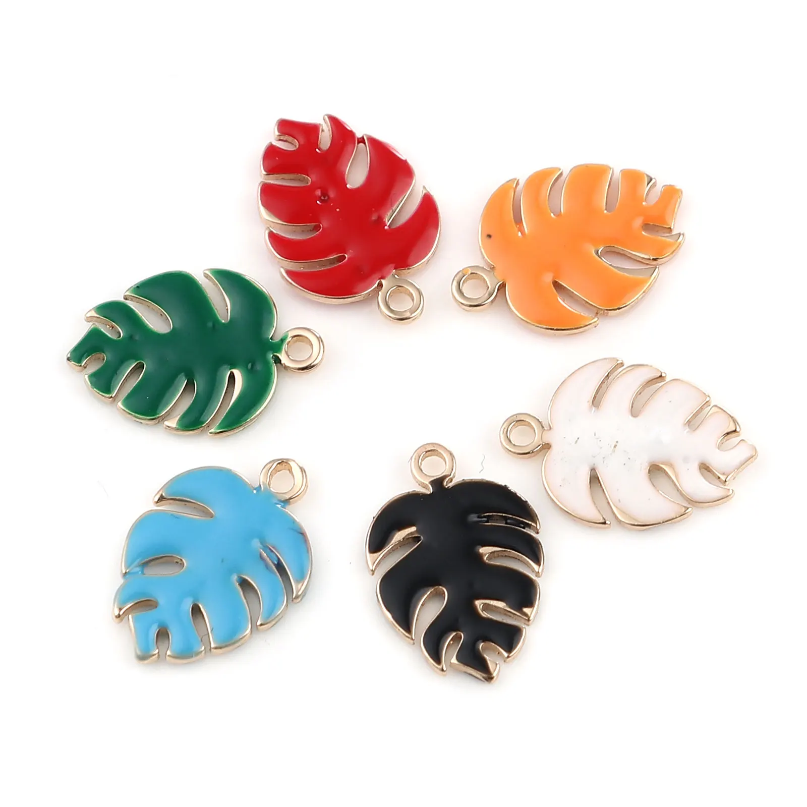 5PCs Hot Copper Enamelled Sequins Charms For Jewelry Making Colorful Monstera Leaves Pendant Bracelet DIY Findings 13x9mm