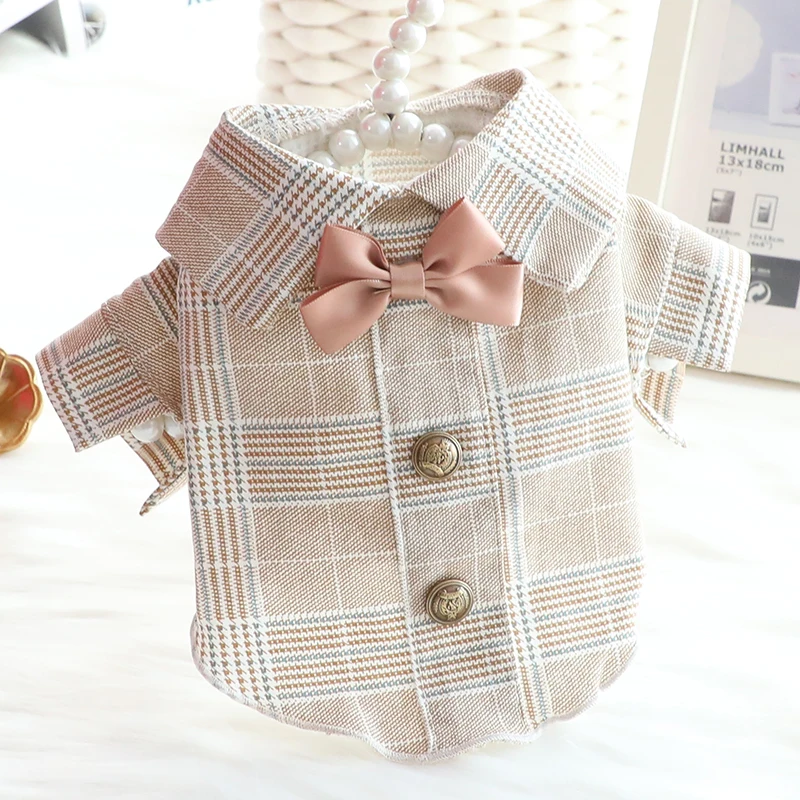 Cute Plaid Summer Clothes for Dogs, Fresh Khaki Suit, Dog Shirts, Snap Button Decor Dresses for Dogs, Bowknot