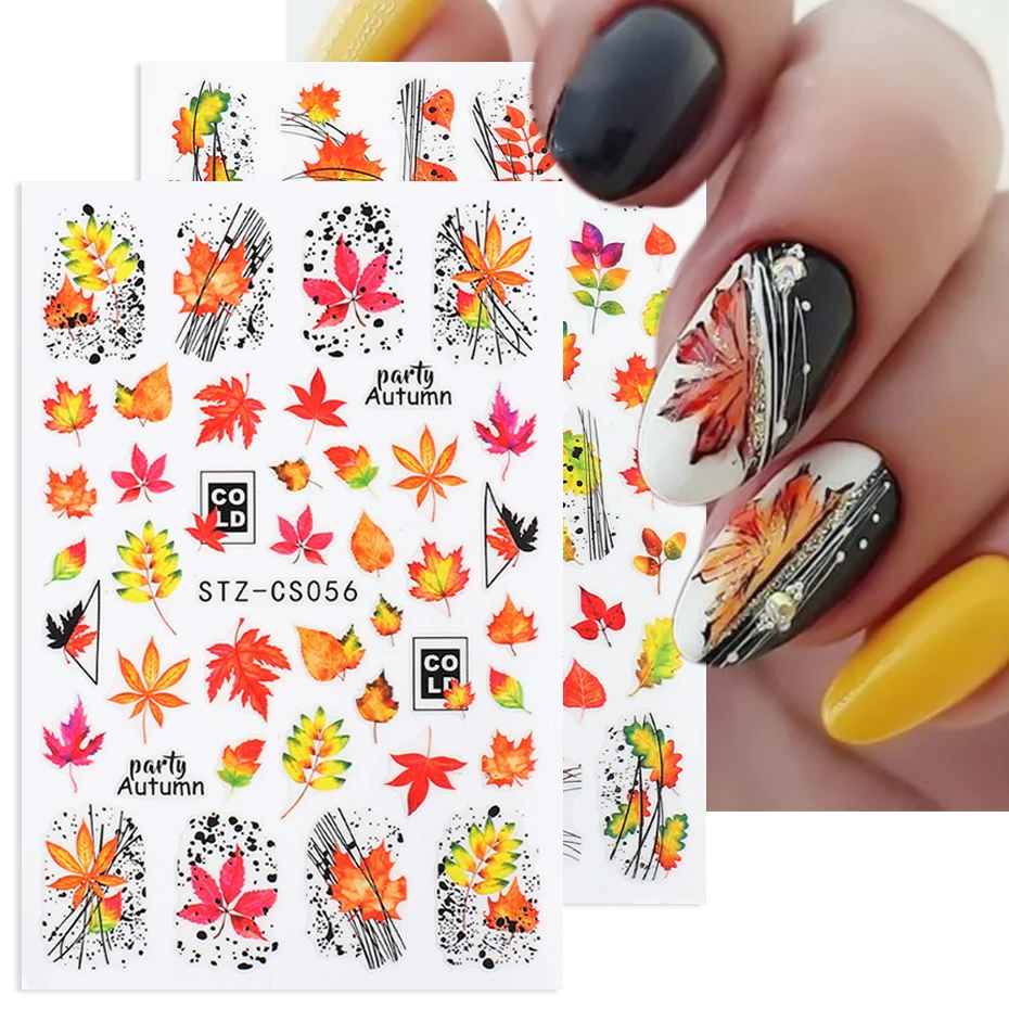 Maple Leaves Autumn Nail Sticker 3D Gold Yellow Fall Leaf Design Art Deco DIY Adhesive Flower Slider Nail Accessories NLF782-791