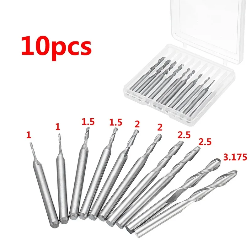 10pcs Shank Carbide Ball Nose End Milling Cutter Set 1mm-3.175mm 2 Flutes 1/8 Inch CNC Cutting Tool End Mills for Wood Working