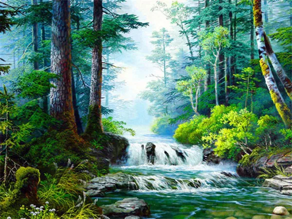 蘭の写真数字による滝の風景DIYフレーム絵画キャンバスに森の風景画DIY