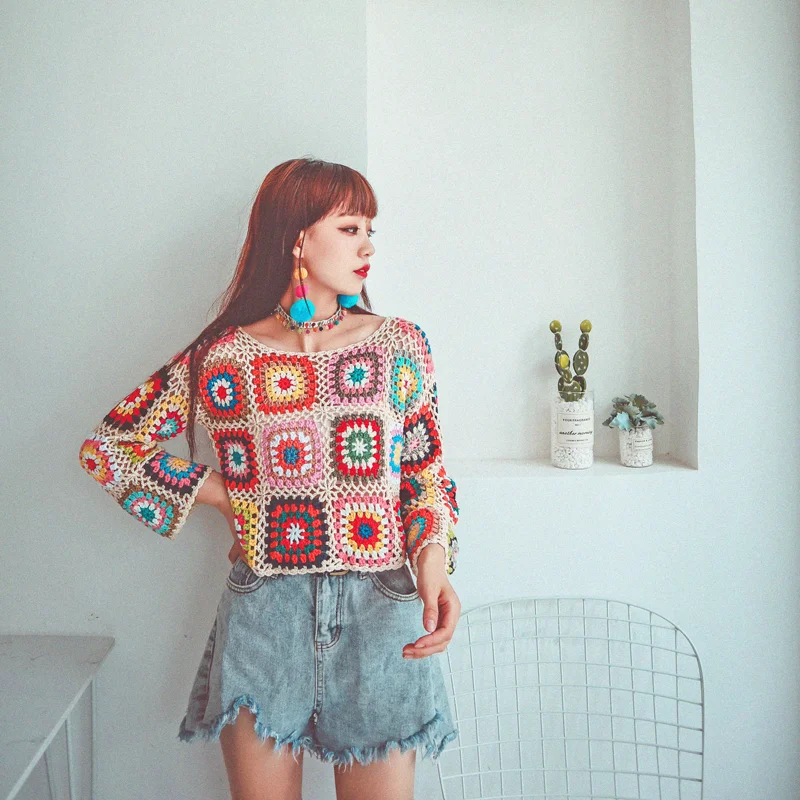 TIYIHAILEY Free Shipping 2021 New Fashion Full Sleeve Spring And Autumn Short Sweaters Tops Hand Made Knitted Crochet Black Red
