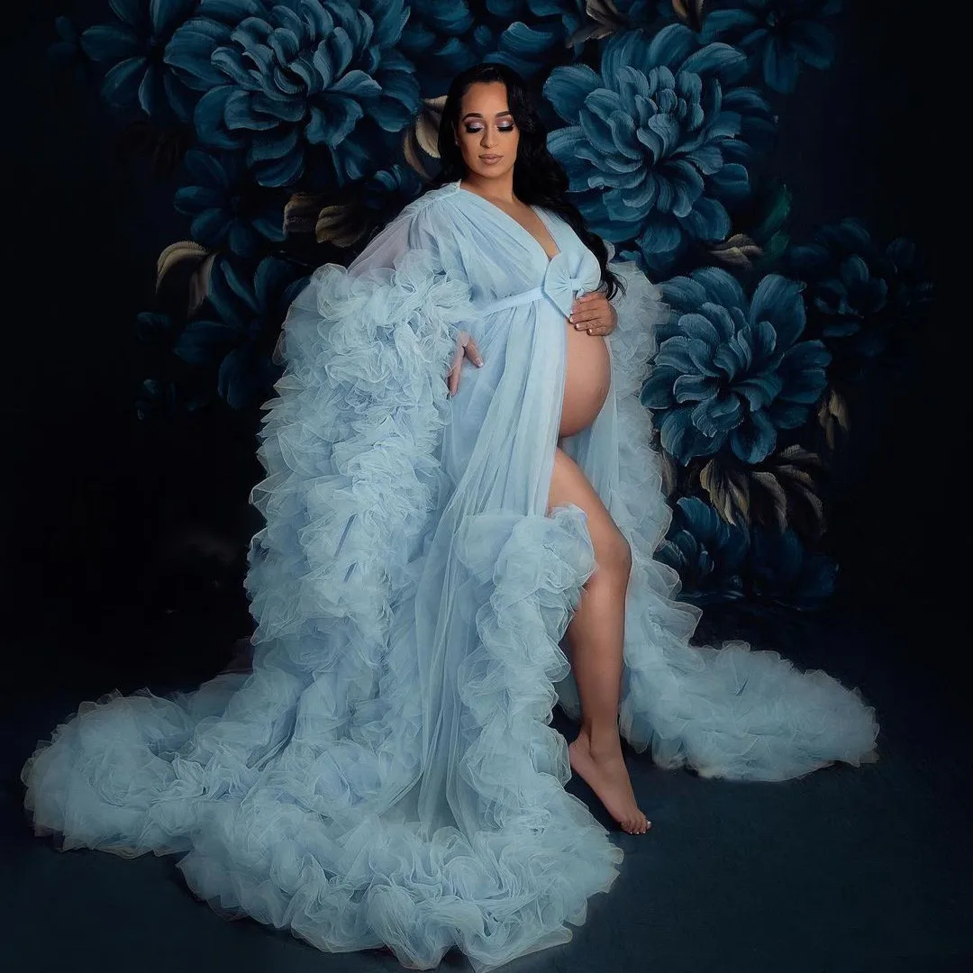 

Sky Blue Ruffles Plus Size Maternity Dresses For Photo Shoot Tulle Robes Fluffy Maternity Robe Baby Shows Bow Women Dress