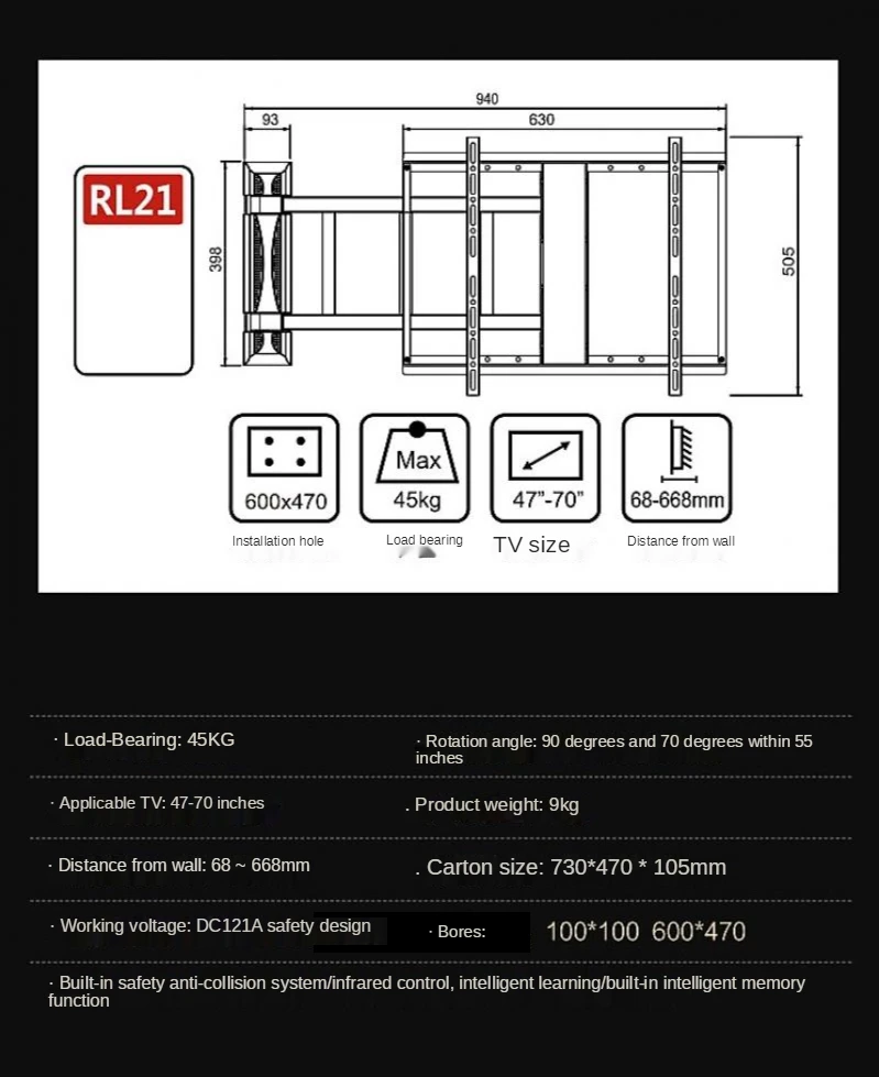 Imagem -05 - Suporte Elétrico Multifuncional para tv 110v240v Telescópico Rotativo para Parede Ultra-fino com Controle Remoto