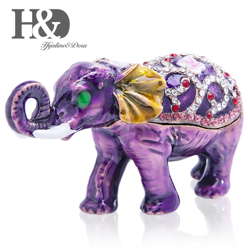 

H&D Handmade Purple Elephant Metal Trinket Box Figurine Animal Shape Jewelry Storage Box with Gift Box Home Wedding Xmas Decor