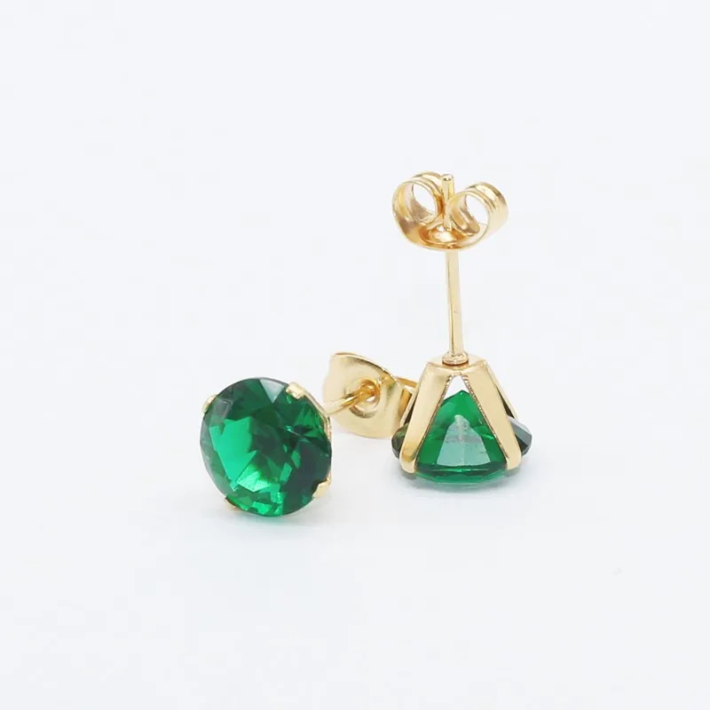 Size 3mm to 8mm 316L Stainless Steel Green Color Round Zircon Stud Earrings  No Fade Allergy Free Brief Jewelry