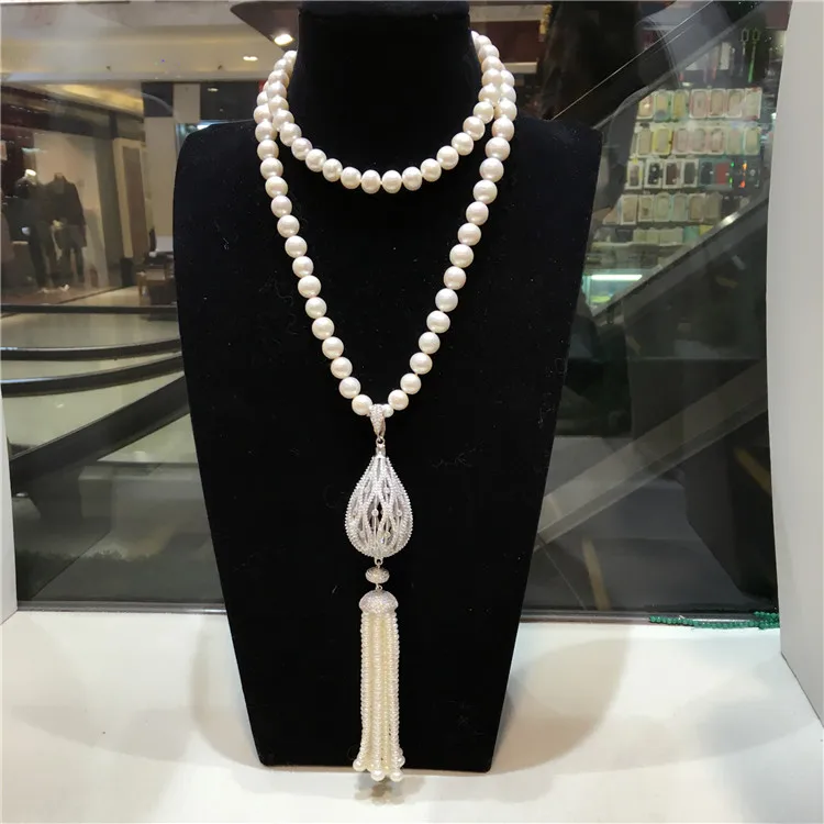 Elegant jewelry 8-9mm white natural freshwater pearl  micro inlay zircon tassel long sweater chain necklace 32inch 925 silver