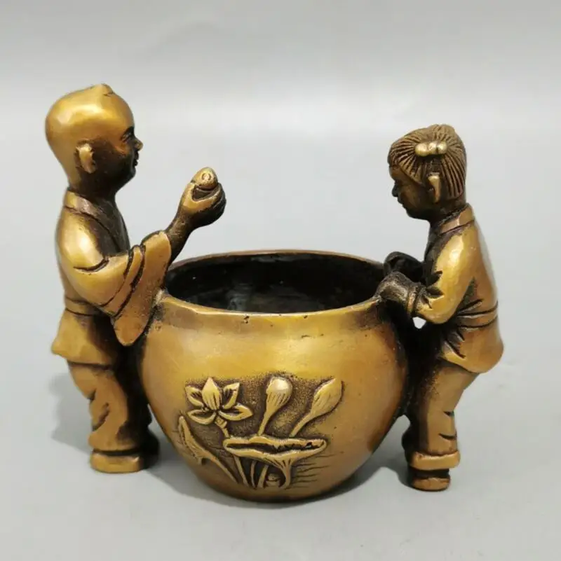 China brass Golden boy jade female water cylinder crafts statue