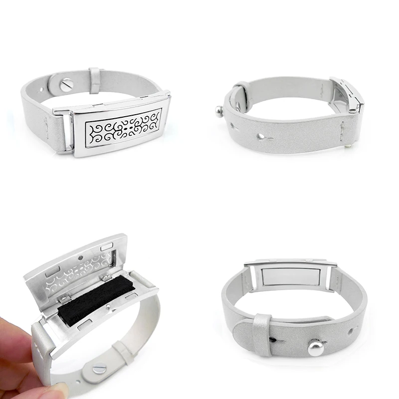 Rectangle Black Genuine Leather Bracelet Stainless Steel Essential Oils Diffuser Locket Aroma Bangle
