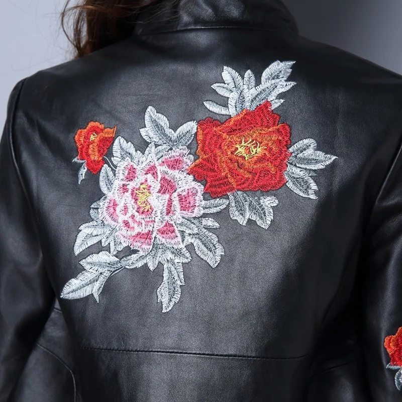 Women Vintage Floral Embroidery Pu Leather Jacket Retro Buttons Short Faux Leather Coat Slim Stand Collar Ethnic Bomber Jacket