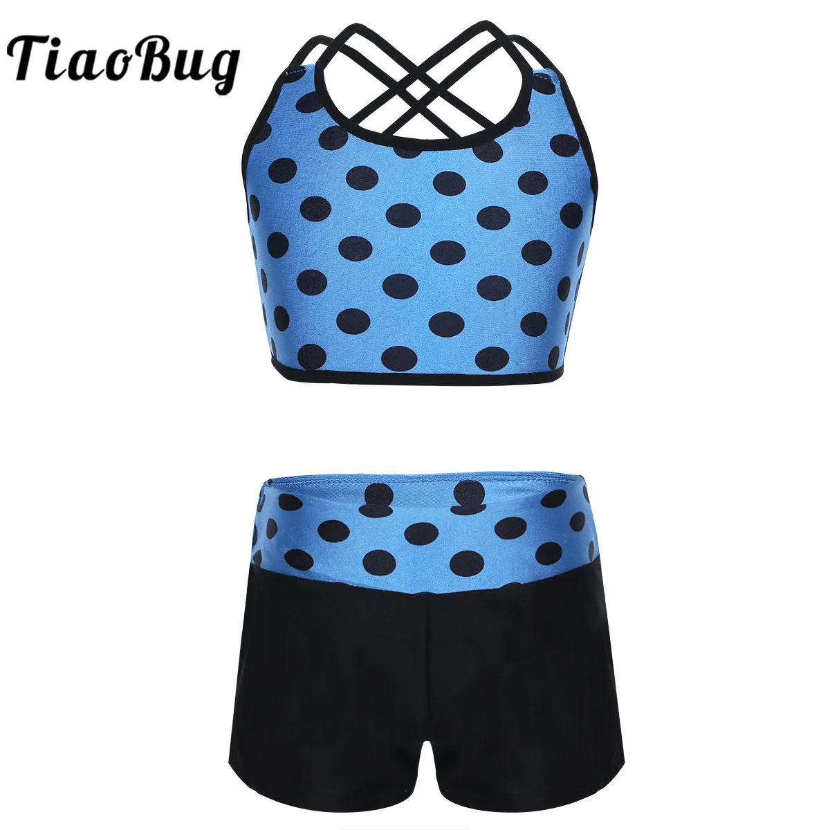 

Kids Girls 2-Piece Active Set Racer Back Top&Booty Short Dance Sport Outfits Polka Dots Ballet Gymnastics Dancing Clothes