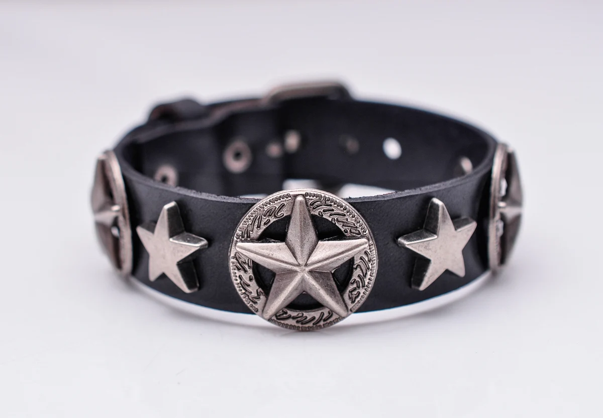 Biker Motocycle Western Antique Texas Star Concho Handmade Quality Veg Tan Leather Bracelet Wristband Cuff Bangle