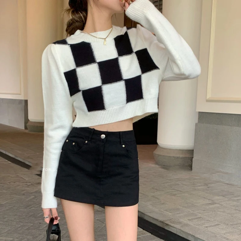 Fashion Panelled Pullovers Women Loose Short Style Checkered Simple O-neck Knitwear Thermal Sweaters Hip Hop Spring Chic Cozy