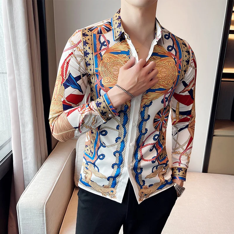 Royal Noble Printed Shirts For Men Buttons Down Lapel Camisas De Hombre Manga Larga Korean Style Slim Fit Shirt Blouse Men M-4XL