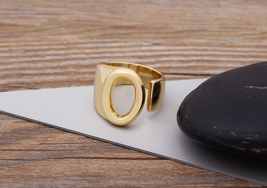 Trendy Hollow A-Z Letter Gold Color Adjustable Opening Ring Initials Name Alphabet Female Chunky Wide Party Wedding Jewelry