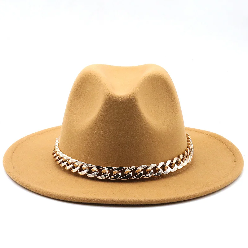 Simole fedora hats women men wide brim Thick gold chain band felted hats jazz cap winter autumn panama camel white women hats