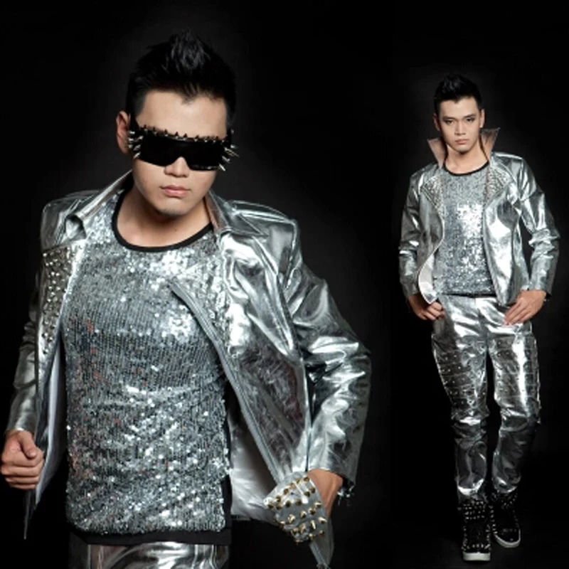 

Men's silver rivet motorcycle leather nightclub singer Korean jacket costumes male singer dancer show DJ outerwear coat outfit