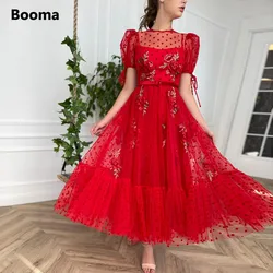 Booma Red Polka Dots Tulle Prom Dresses 2022 Short Sleeves Appliques Midi Formal Party Dresses Tea-Length A-Line Evening Gowns