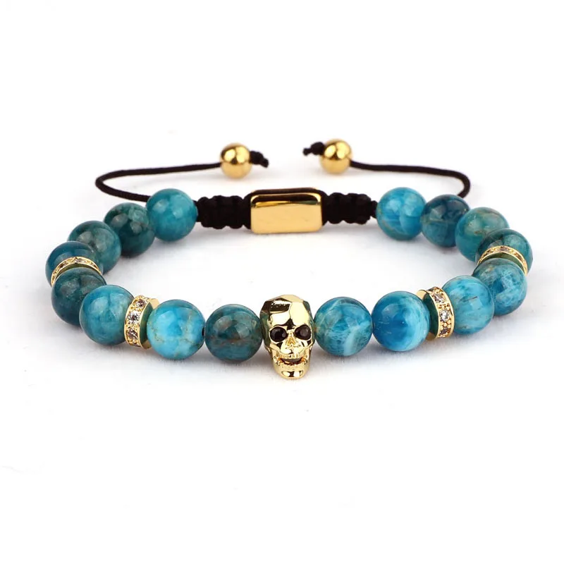 High Quality Natural Stone CZ Pave Crown Skull Charm Bead Braided Friendship Bracelet Women Men