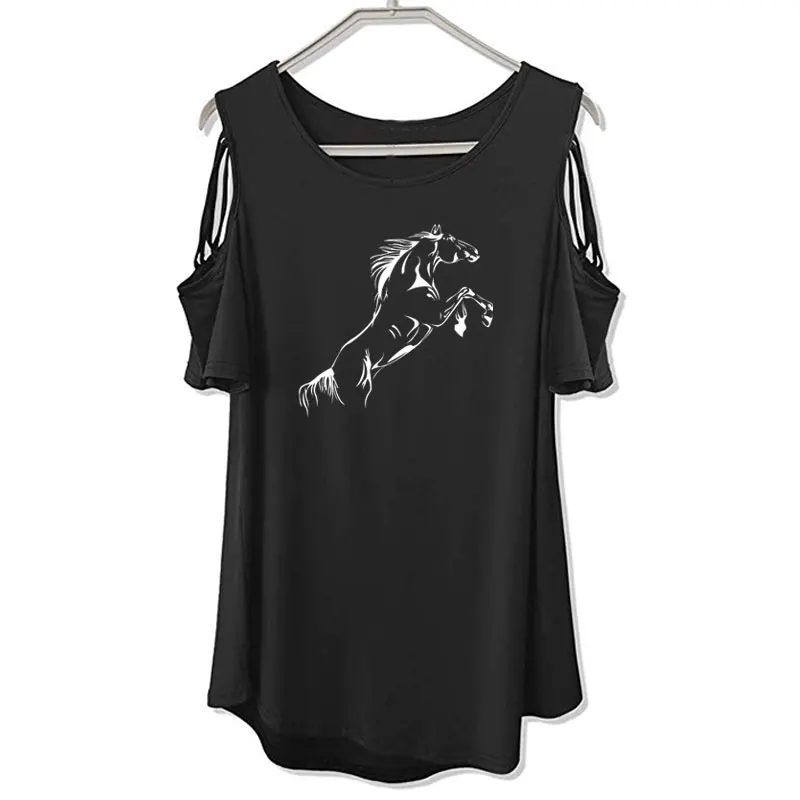 New Running Horse Funny T-Shirt Women Loose Cotton Short Sleeve Female T-shirts Fashion Tops Off The Shoulder Hollow Tee