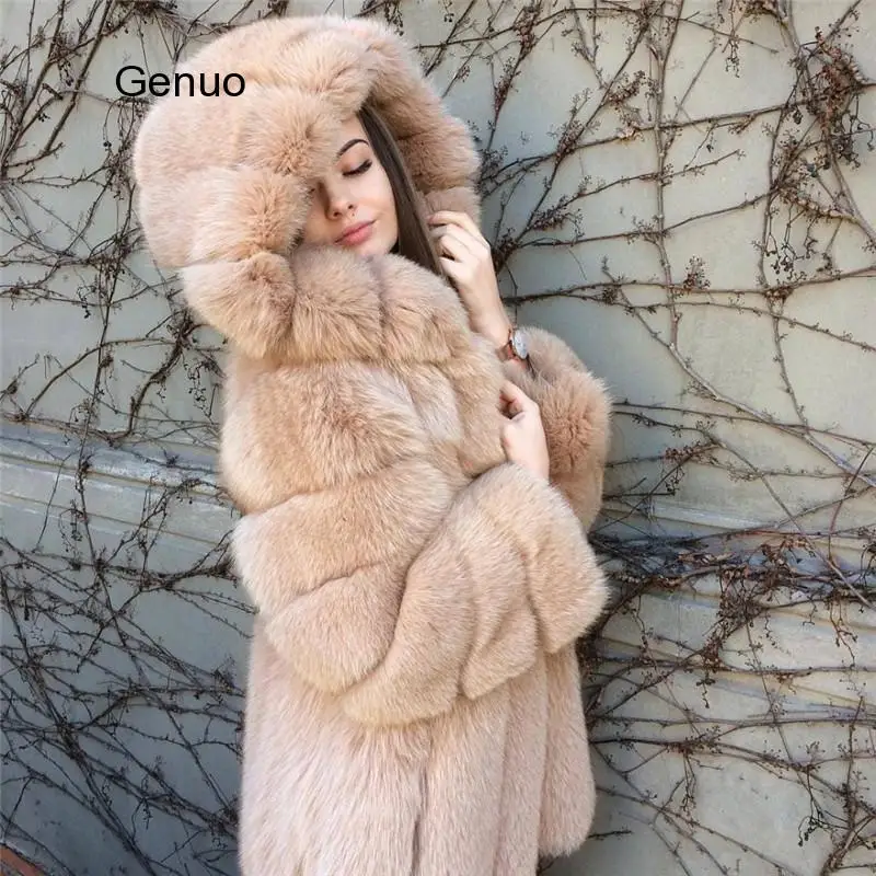 Veste à capuche en fausse fourrure de renard pour femmes, manteau chaud en fausse fourrure de renard, vêtements d'extérieur féminins, haute qualité, luxe, hiver, 2020