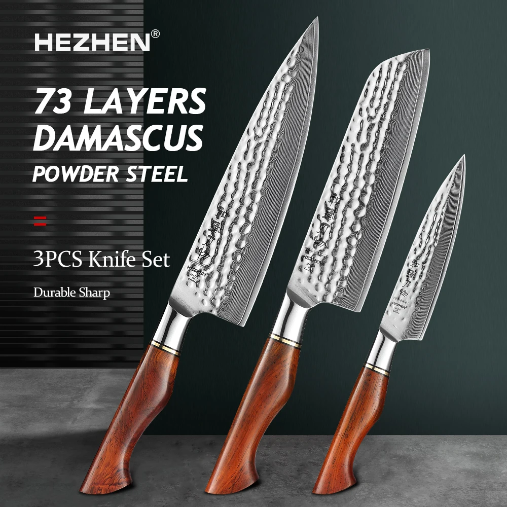 

HEZHEN 1-3PC Kitchen Knife Set Vacuum & Deep Freezer Heat Treatment 73 Layers Powder Damascus Steel Chef Cooking Tools