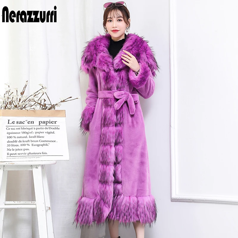 Nerazzurri Winter Long Warm Elegant Purple Fluffy Faux Fur Coats for Women Thick Black European Style Fashion with Fox Fur Trim