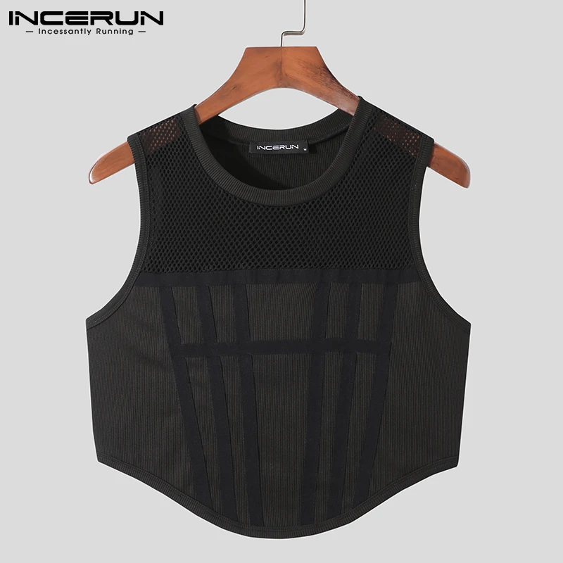 Men Tank Tops Mesh Patchwork O-neck Sleeveless Streetwear Transparent Vests 2024 Party Nightclub Sexy Crop Tops S-5XL INCERUN