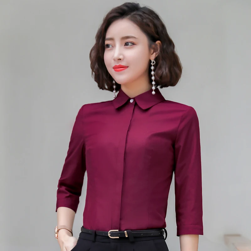 New Styles 2021 Summer Half Sleeve Blouses Shirts Elegant Blue for Women Business Work Wear Female Tops Clothes Burgundy