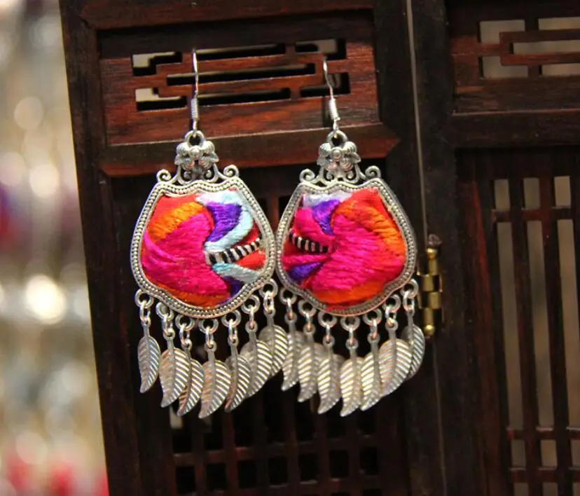 Retro creative personality gourd shaped embroidered Miao Silver Earrings