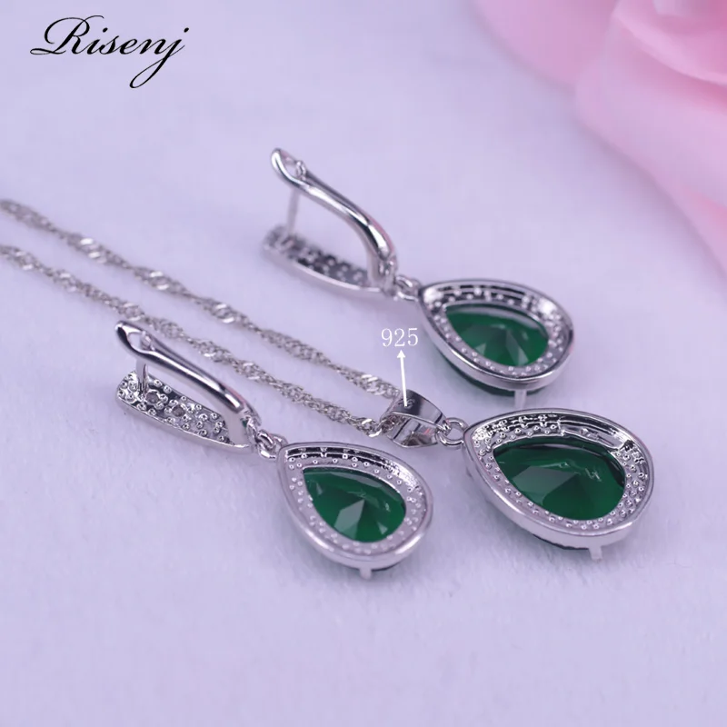 Russian Hot Sale Style Big Water Drop Square Green Stone Silver 925 Jewelry For Women Ring Necklace Earring Set