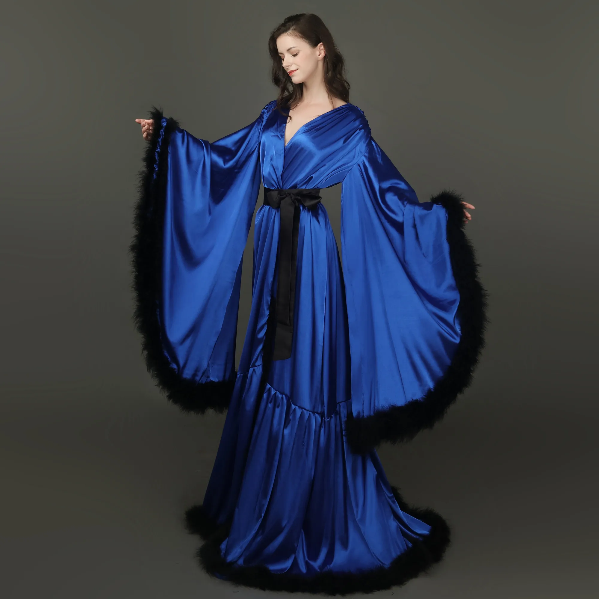 Elegant Baby Shower Pajamas Feather Wedding Shawls Photo Robe With Belt Big Cuffs Night Gown For Women Long Sleeve Custom Made view 4