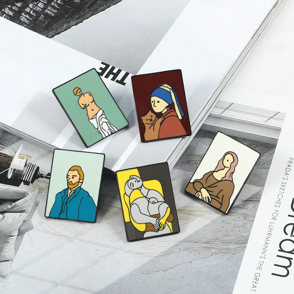 النفط الطلاء المينا دبابيس فان جوخ بيكاسو الموناليزا فينوس الفني دبابيس الفن شارة للنساء الرجال قميص التلبيب دبوس مجوهرات هدية