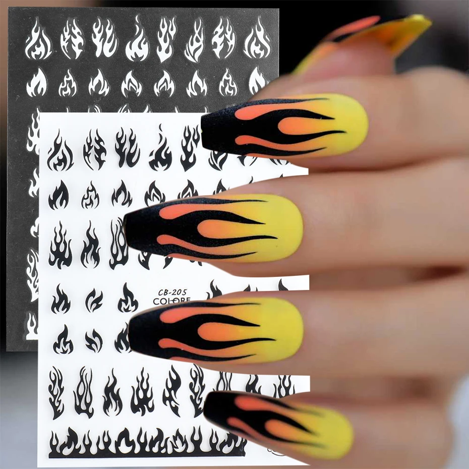 

3D Holographic Fire Flame Nail Sticker Decal Black White Nail Art Decoration Sticker Summer Gel Polish Slider Accessorie NTCB205