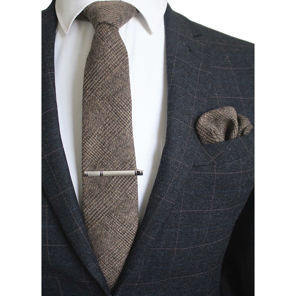 KAMBERFT Solid Color Cashmere Wool Necktie and Pocket Square Tie Clip Sets for Men 8cm Red Brown Green Gray For Men Wedding Tie