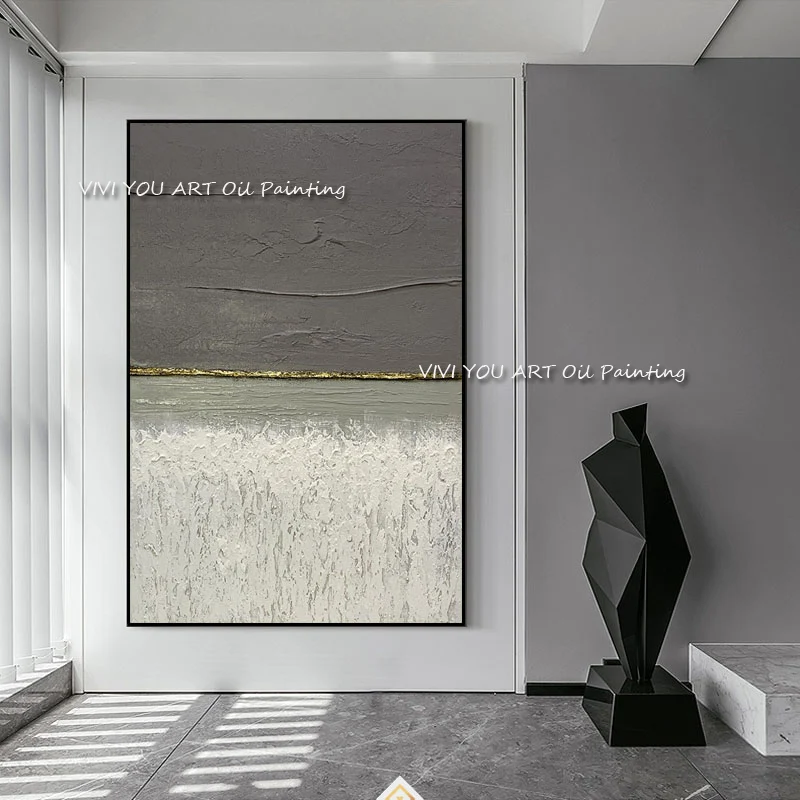 Hand Painted Palette Knife Oil Painting, Grey White Seascape Abstract Canvas Wall Art With Gold Foil Minimalist Home Decor