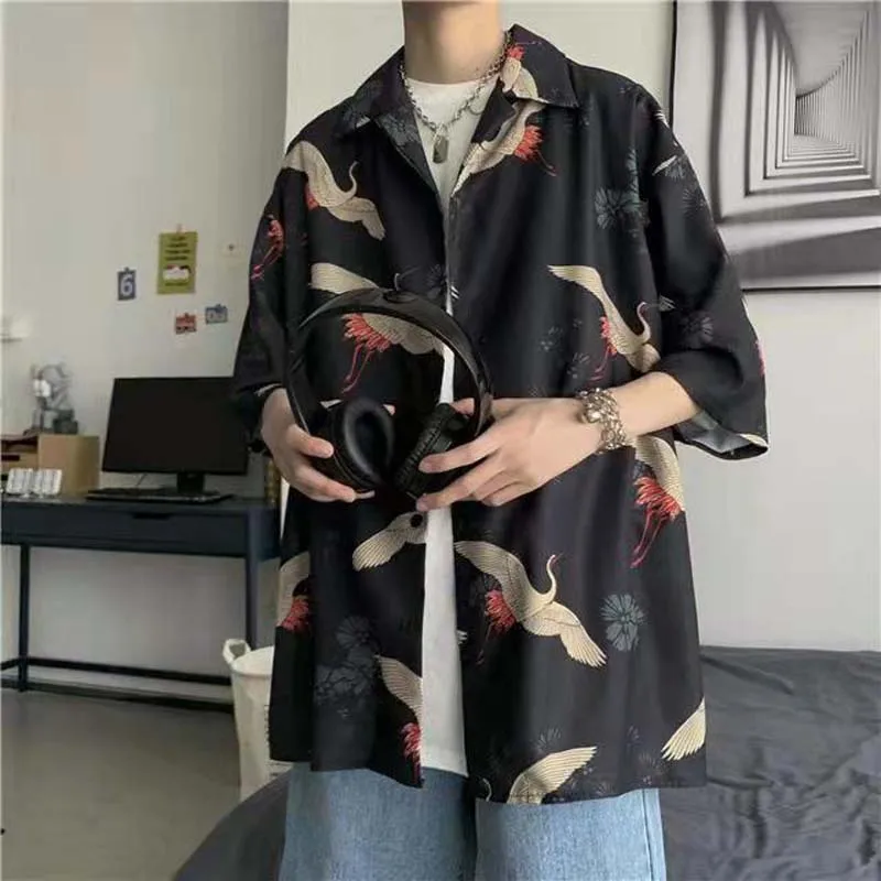 Summer Shirt Men's Trend Handsome Chinese Style Print Pendant