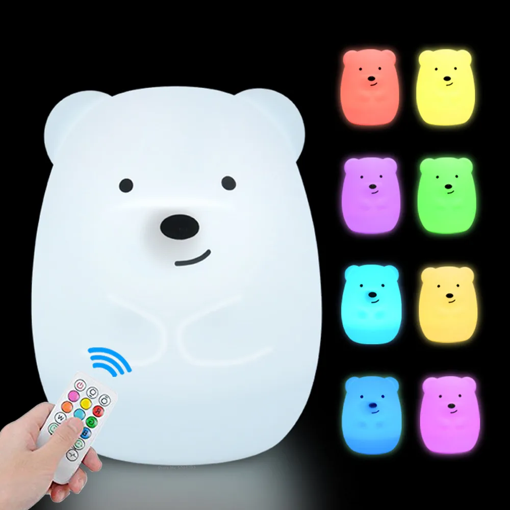 Touch Sensor RGB LED Bear Night Light Remote Control Dimmable Timer USB Rechargeable Silicone Lamp for Children Kids Baby Gift