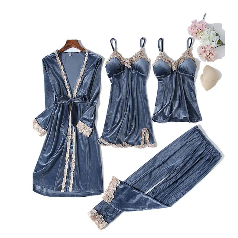 Women Velvet 4PCS Pajamas Set Sexy Patchwork Lace Trim Sleepwear Nightgown Loose Casual Kimono Bathrobe Gown Patchwork Lace