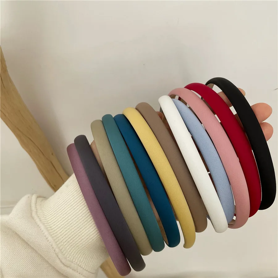 12 Color 1cm Thin Plain Solid Hairband Girls Satin Plastic Headband Simple Vintage Headwrap Hair Hoop For Women Children