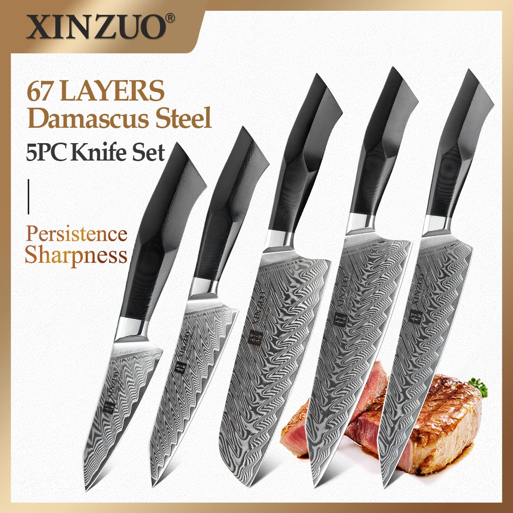 XINZUO 5PCS Professional Kitchen Knife Set Forged Damascus Steel Kitchen Cutlery Stainless Steel Kitchen G10 Handle Chef's Tools