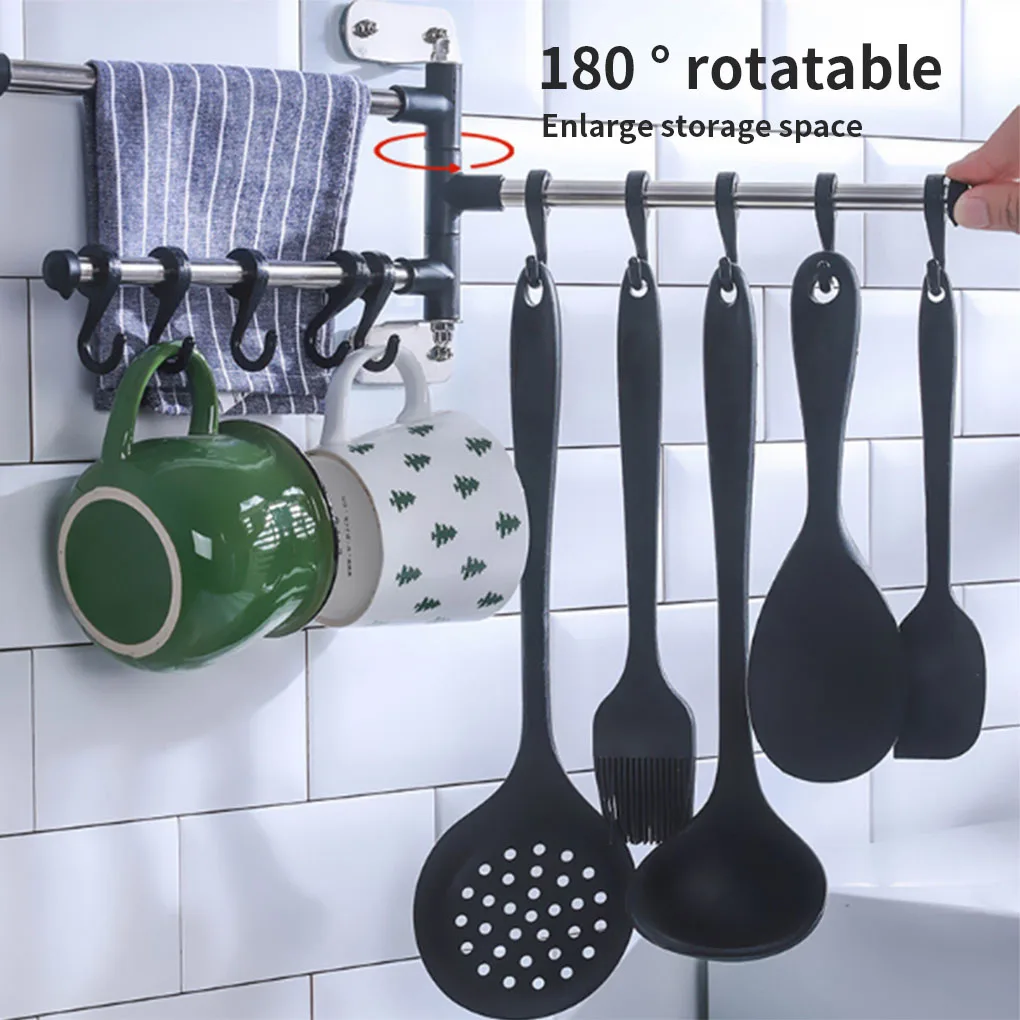 Wall Mount Kitchen Utensil Holder Rotating Stainless Steel Rack Rail Hanger Hook Organizer for Spoon Pot Pan