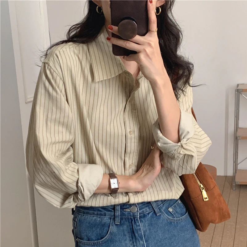 BL9352 New 2023 Spring Autunm Women's Blouses Fashionable Korean Striped Vintage Shirts Oversized Corduroy Elegant Lady Tops