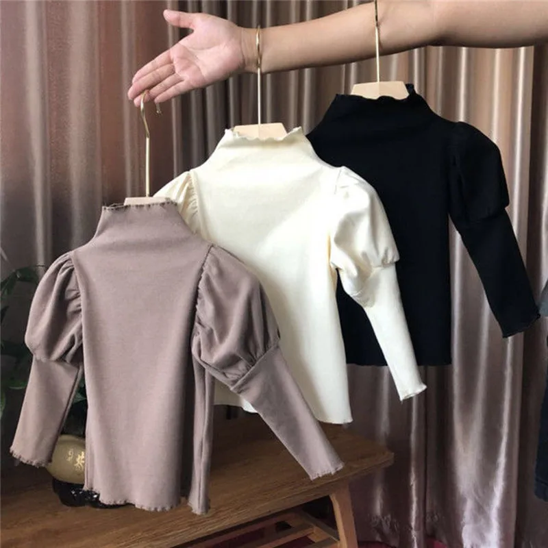 

Girls high neck bottoming shirts children's bubble sleeve casual tops girls baby long-sleeved T-shirts spring and autumn clothes