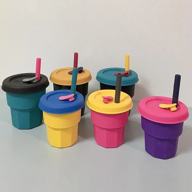 Korean Fashion Children Drinking Cup Boys Girl's Silicone Water Cup with Straw  Women Travel Juice Coffee Cup 400ml